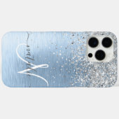 ブルーブラシ仕上げメタルシルバーグリッターモノグラム名 Case-Mate iPhoneケース (裏面 (横))