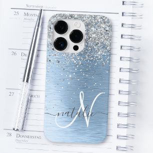 ブルーブラシ仕上げメタルシルバーグリッターモノグラム名 Case-Mate iPhone 14 PROケース