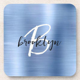 ブルーブラシ仕上げメタル白黒スクリプトモノグラム コースター