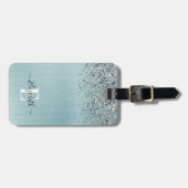 ブルーブラシ仕上げメタル銀グリッターモノグラムスクリプト ラゲッジタグ (正面横)