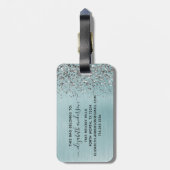 ブルーブラシ仕上げメタル銀グリッターモノグラムスクリプト ラゲッジタグ (裏面縦)