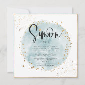 ブルーブラシ仕上げ水彩金ゴールド紙吹雪バー(ユダヤ教の)バル・ミツバー 招待状 (正面)