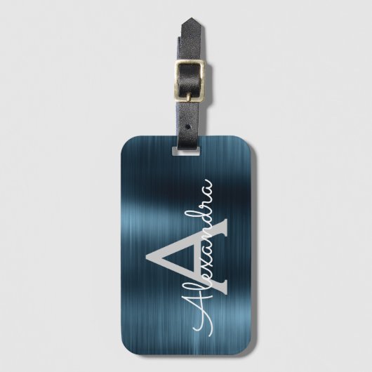ブルーブラシ仕上げ金属モノグラムの名前とイニシャル ラゲッジタグ (正面縦)