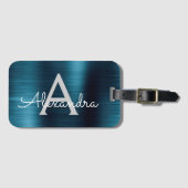 ブルーブラシ仕上げ金属モノグラムの名前とイニシャル ラゲッジタグ (正面横)