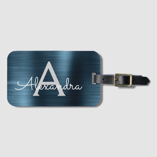 ブルーブラシ仕上げ金属モノグラムの名前とイニシャル ラゲッジタグ (正面横)