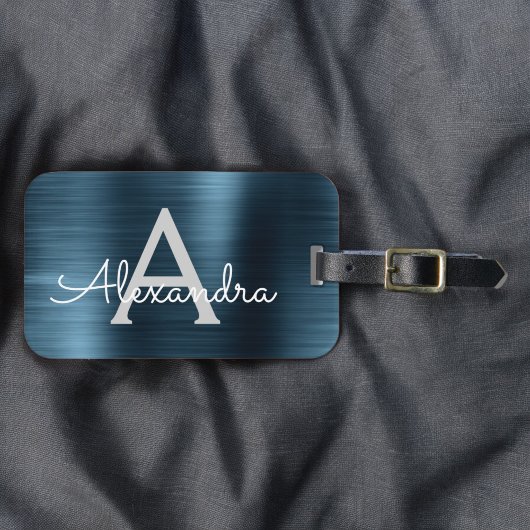 ブルーブラシ仕上げ金属モノグラムの名前とイニシャル ラゲッジタグ