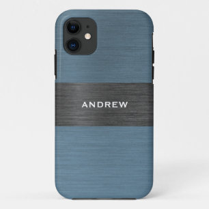 ブルーブラシ仕上げ金属モノグラム名 iPhone 11 ケース