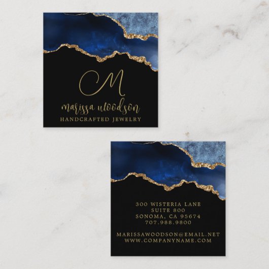 ブルーブラックアゲートゲードモノグラムのジュエリーデザイン スクエア名刺 (正面/裏面)