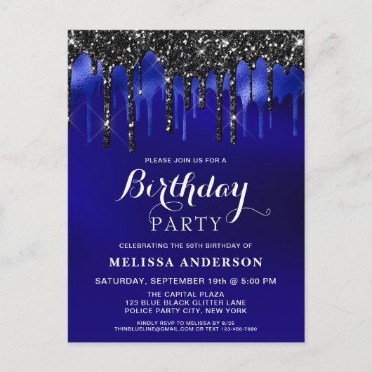 ブルーブラックエレガントグリッタードリップスバースデーパーティー インビテーションポストカード (正面)
