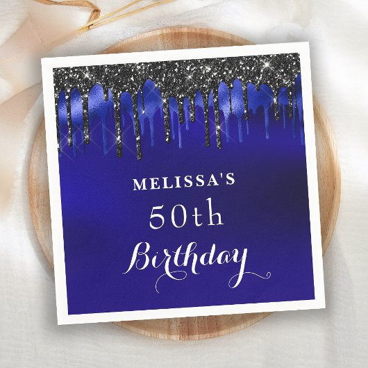 ブルーブラックエレガントグリッタードリップスバースデーパーティー スタンダードカクテルナプキン