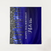 ブルーブラックエレガントグリッタードリップスバースデーパーティー タペストリー (正面)