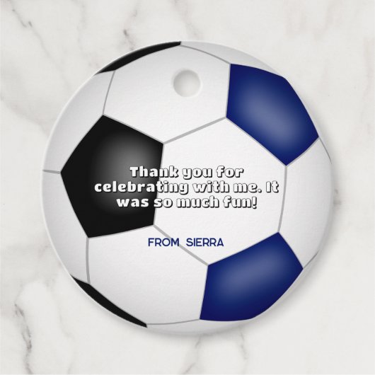 ブルーブラックサッカーボール女子の男の子スポーツ誕生日 フェイバータグ (正面)