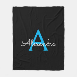 ブルーブラックスクリプトガーリー モノグラム ネーム フリースブランケット