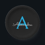 ブルーブラックスクリプトガーリー モノグラム ネーム ペーパープレート<br><div class="desc">ブルーとブラックのモノグラム 自分だけの名前のスクリプトパーティープレート。豪華で洗練されたスタイルが好きな人への、完璧なスウィート16の誕生日、結婚式、結婚前のお披露目、結婚記念日、ベビーシャワー、またはバチェロレッテパーティーのギフトに最適です。</div>