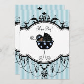 ブルーブラックストライプ男の赤ちゃんシャワー招待状 招待状 (正面/裏面)