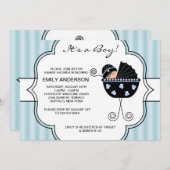 ブルーブラックストライプ男の赤ちゃんシャワー招待状 招待状 (正面/裏面)