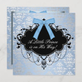 ブルーブラックダマスクプリンス男の赤ちゃんシャワー 招待状 (正面/裏面)