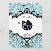 ブルーブラックダマスク男の赤ちゃんシャワー招待状 招待状 (正面/裏面)