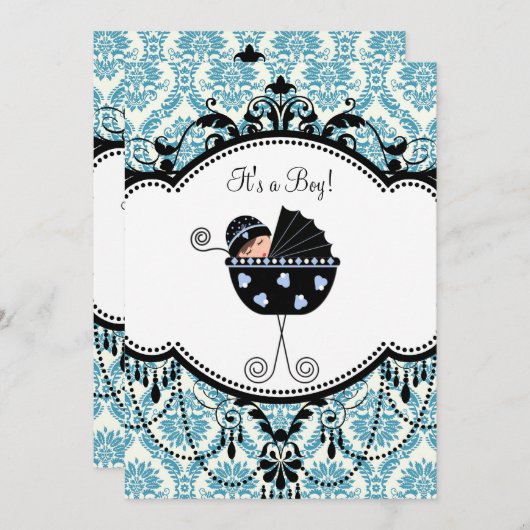 ブルーブラックダマスク男の赤ちゃんシャワー招待状 招待状 (正面/裏面)