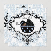 ブルーブラックダマスク男の赤ちゃんシャワー招待状 招待状 (正面/裏面)