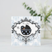 ブルーブラックダマスク男の赤ちゃんシャワー招待状 招待状 (スタンド正面)