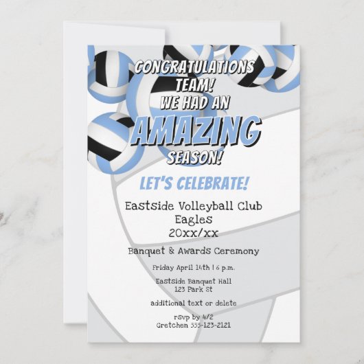 ブルーブラックチームカラー女の子の男の子バレーボールパーティー 招待状 (正面)