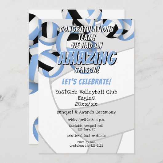 ブルーブラックチームカラー女の子の男の子バレーボールパーティー 招待状 (正面/裏面)