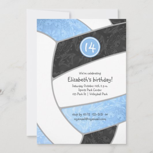 ブルーブラックバレーボールチームと女の子の誕生日 招待状 (正面)