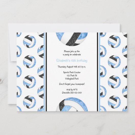 ブルーブラックバレーボール誕生日チームスポーツパーティー 招待状 (正面)