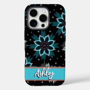 ブルーブラックパーソナライズされたボヘミアンマンダラの花 iPhone 16 PROケース