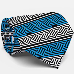 ブルーブラックホワイトギリシャ鍵フレットパターン設計 ネクタイ