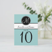 ブルーブラックモノグラム結婚のテーブル番号カード ポストカード (スタンド正面)