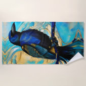 ブルーブラックレイベン、ブルーと金ゴールド抽象芸術 ビーチタオル (正面)