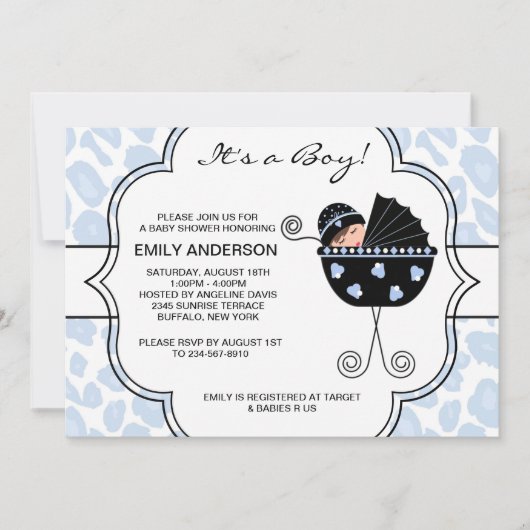 ブルーブラックレオパード男の赤ちゃんシャワー招待状 招待状 (正面)