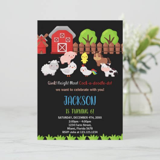 ブルーブラックレッドファームアニマルズ誕生日招待状 招待状 (スタンド正面)