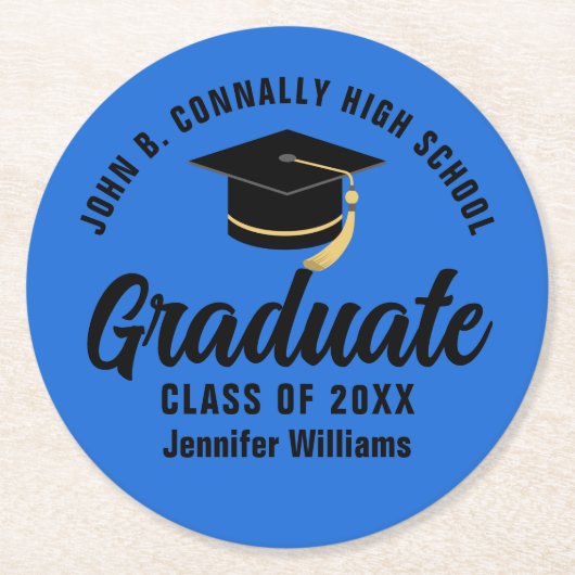 ブルーブラック卒業パーソナライズされた会 ラウンドペーパーコースター (正面)