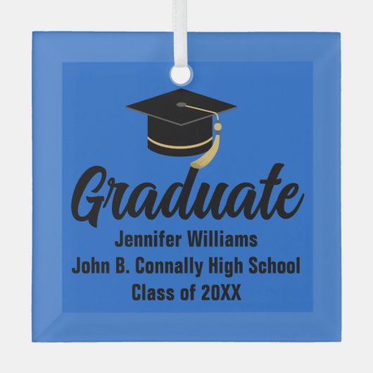 ブルーブラック卒業生パーソナライズされた成 ガラスオーナメント (正面)
