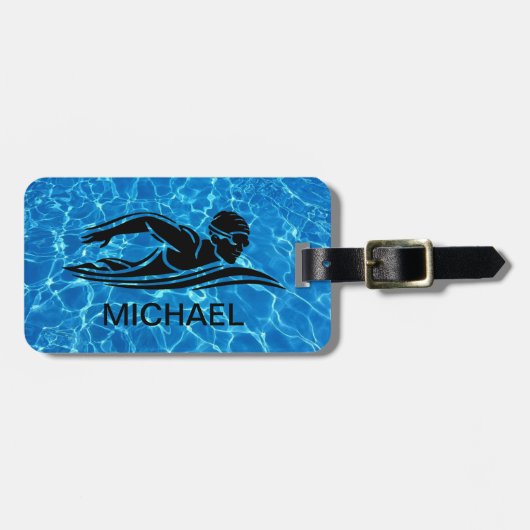 ブルーブラック泳ぐ人スイミングプールウォーターカスタム ラゲッジタグ (正面横)