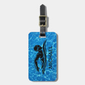 ブルーブラック泳ぐ人スイミングプールウォーターカスタム ラゲッジタグ (正面縦)