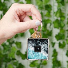 ブルーブラック海ウェーブズハワイモノグラム キーホルダー