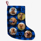 ブルーブラック素朴プレイドおもしろいペットフォトコラージュ スモールクリスマスストッキング (正面)