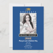 ブルーブラック金ゴールドモダン卒業写真パーティー 招待状 (正面)