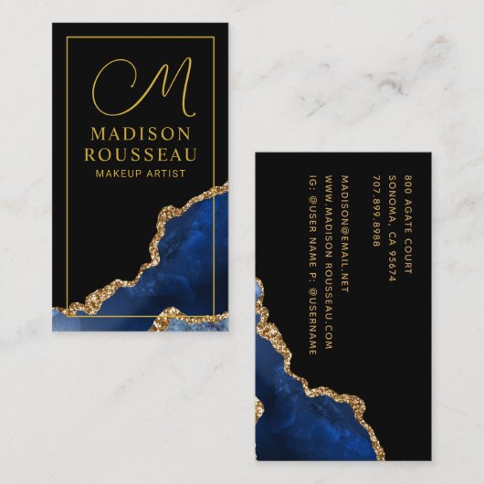ブルーブラック金ゴールドモノグラムのアゲイトのメイクアップ 名刺 (正面/裏面)