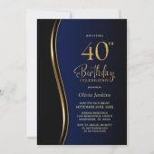 ブルーブラック金ゴールド40th誕生日パーティー 招待状 (正面)