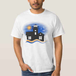ブルーブラック&イエローライトハウスシースケープメンズ Tシャツ