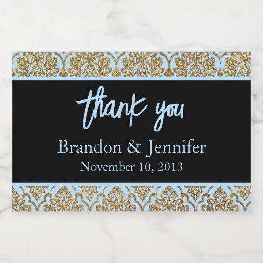 ブルーブラック&金ゴールドカスタムウェディングワきらめくイン スパークリングワインラベル (シングルラベル)