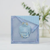 ブルーブランケットヴィンテージブーティープレイドブルーブラウンベビー 招待状 (スタンド正面)