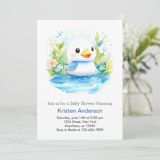 ブルーブリスフルウォーターカラーダックボーイ赤ちゃんシャワー 招待状 (スタンド正面)