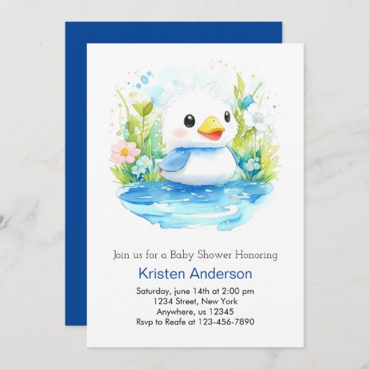ブルーブリスフルウォーターカラーダックボーイ赤ちゃんシャワー 招待状 (正面/裏面)