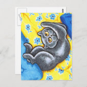 ブルーブリティッシュショートヘア猫フラワーベッド ポストカード (正面/裏面)